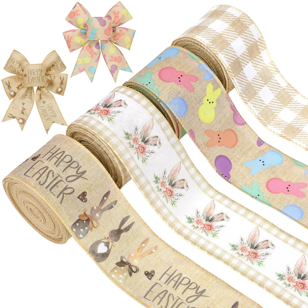 Easter Wired Edge Ribbon Farmhouse Bunny Burlap Ribbons 2.5" Plaid Rustic Peeps Wired Ribbon for Easter Holiday Gift Wrapping Wreath Bow Decor DIY Craft, 24 Yards